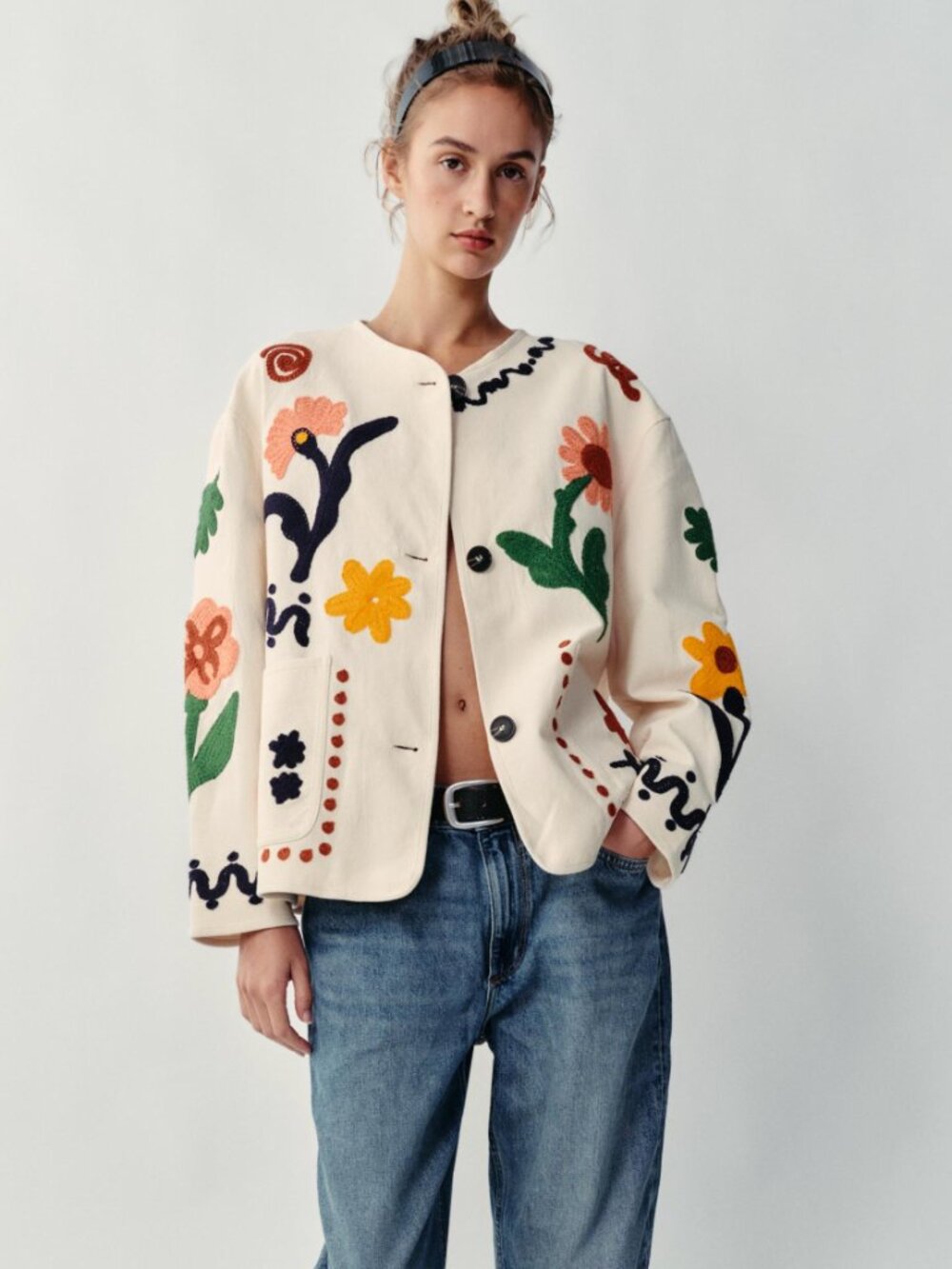 Zara Floral Embroidered Cotton Jacket Cream Multicolor Oversized NWT XS